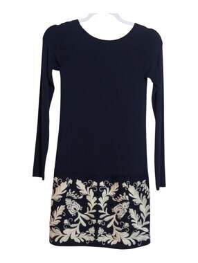 Bailey44 Navy Long Sleeve Jersey Knit Dress with Cream Embroidered Hem Size XS